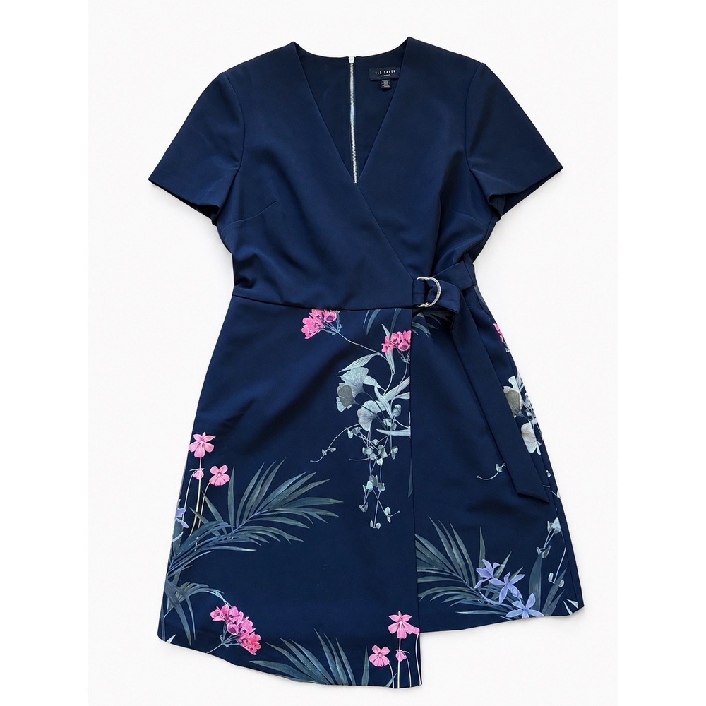 Ted Baker London Black Floral Faux Wrap Dress Short Sleeve‎ Wedding Cocktail M